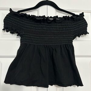 Vintage Y2K Black Off-Shoulder Ruffle Crop Top with Colour Stitching in Ruching